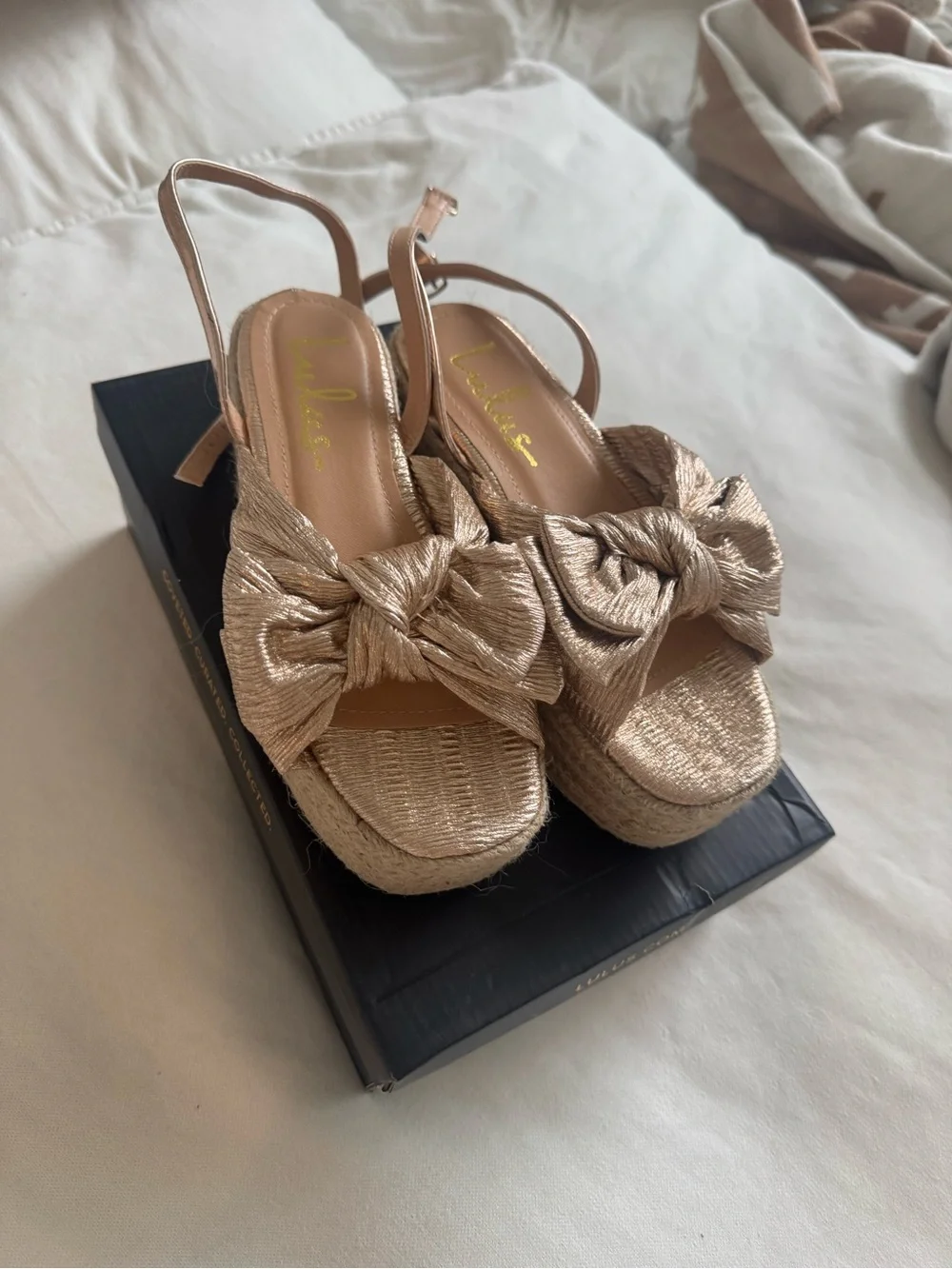 Lulu's Metallic Gold Bow Espadrille Wedge Sandals